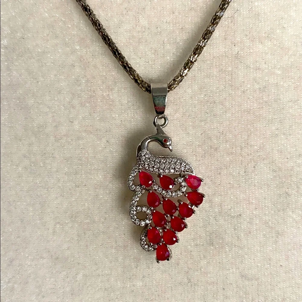 Beautiful Ruby Peacock Diamond Accents Pendant Necklace Stunning Glamour